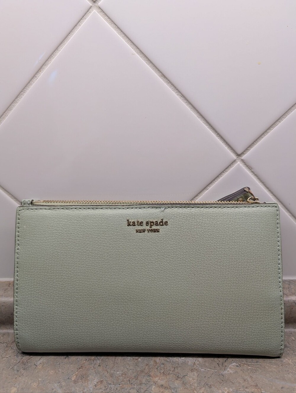 kate spade Mint Green Zip-Around Wallet with Gold Logo